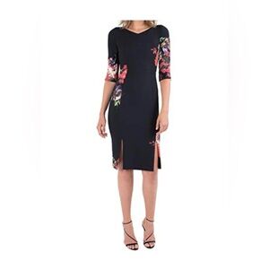 Black Halo Prism Sheath floral Dress 3/4 Black Sleeves Size 8